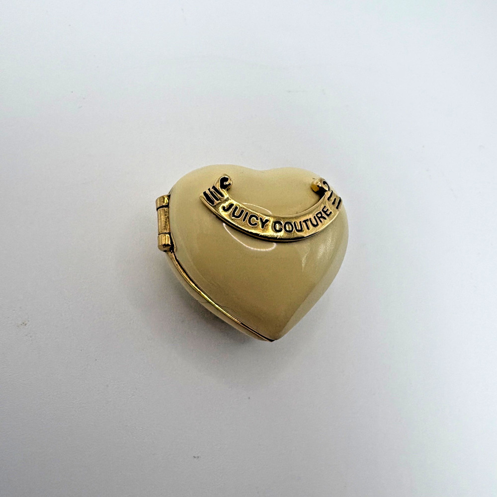 Rare Vtg Puffy Juicy Couture Mini Tan Gold Enamel Heart Trinket Box Hinged Pill